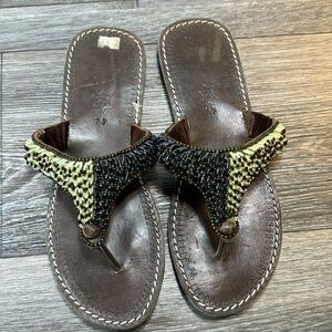 Vera Pelle Size 44 Italian Leather Beaded Sandals (d69)